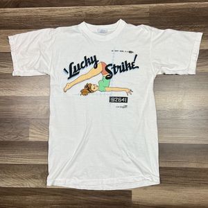 Vintage 1988 Lucky Stripe Shirt Flying Fortress B-17 Pinup Girl White Shirt Sz S